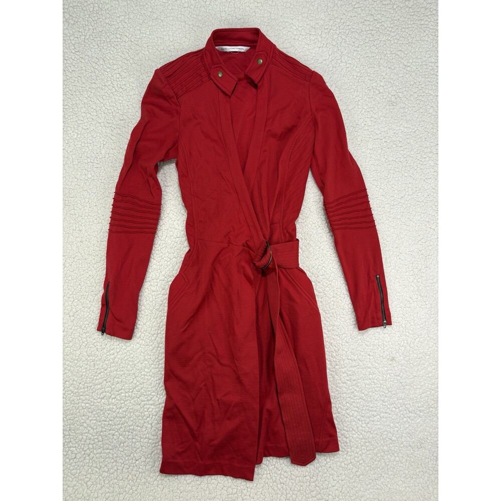 Diane Von Furstenberg DVF Biker Solid Red Wrap Dress 100% Wool Long Sleeve Moto